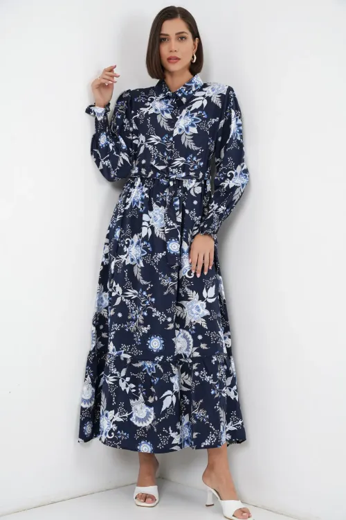 Kadın Kuşaklı Tesettür Elbise 2589 - Lacivert