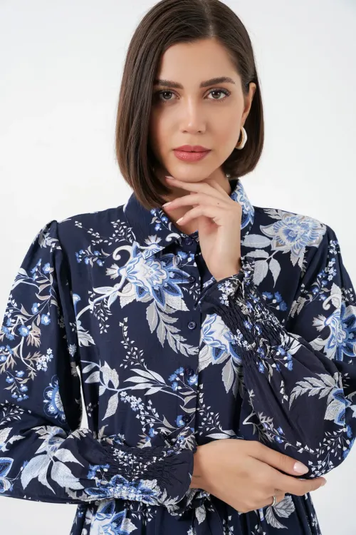 Kadın Kuşaklı Tesettür Elbise 2589 - Lacivert