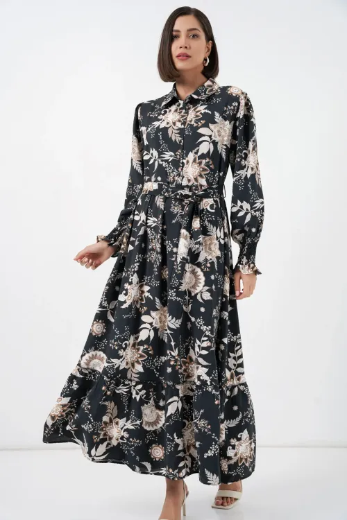 Kadın Kuşaklı Tesettür Elbise 2589 - Y.Siyah