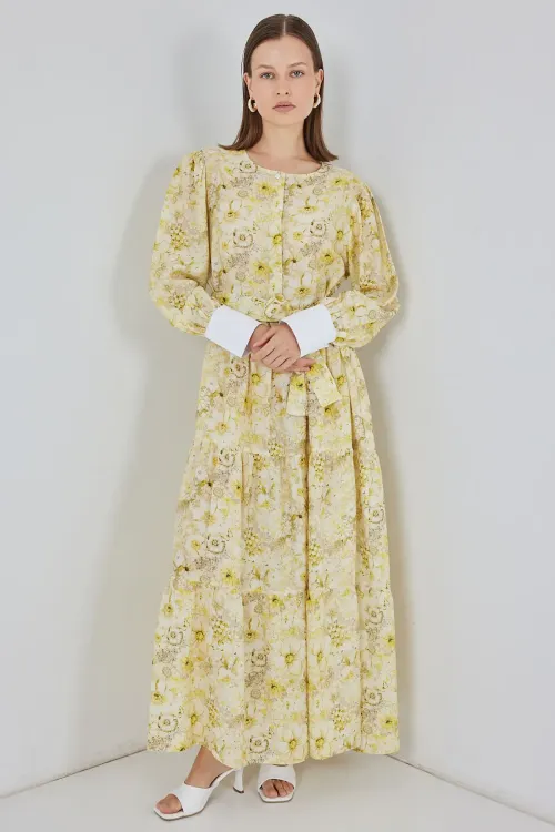 Kadın Kuşaklı Uzun Elbise 2584 - Sarı