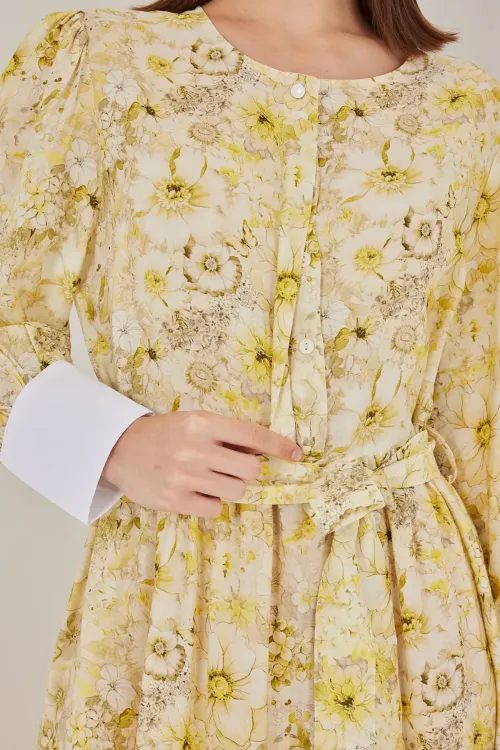 Kadın Kuşaklı Uzun Elbise 2584 - Sarı