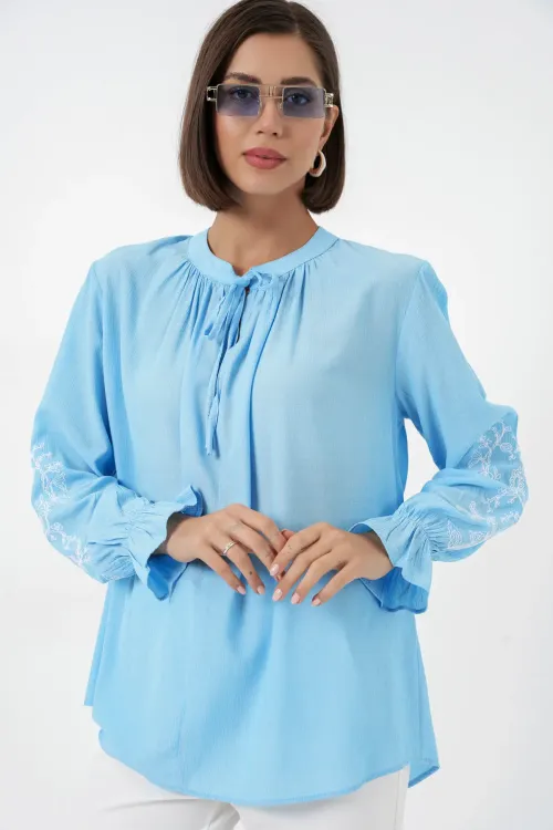 Kadın Nakışlı Örme Bluz 941 - Mavi