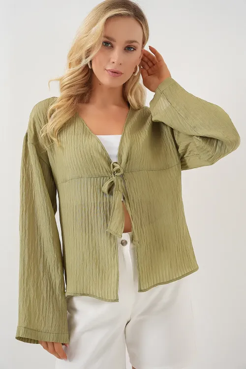 Kadın Önü Bağcıklı Bluz 952 - Çağla