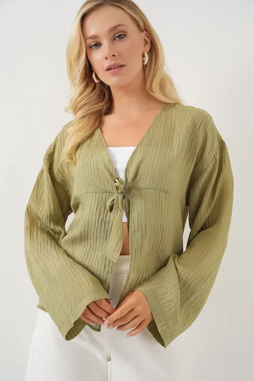 Kadın Önü Bağcıklı Bluz 952 - Çağla