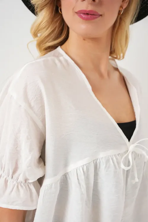 Kadın Önü Bağcıklı Kısa Kol Bluz 962 - Beyaz