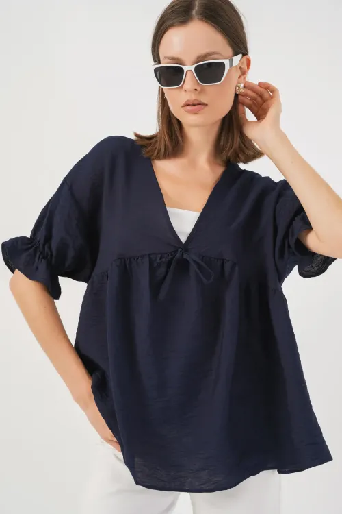 Kadın Önü Bağcıklı Kısa Kol Bluz 962 - Lacivert