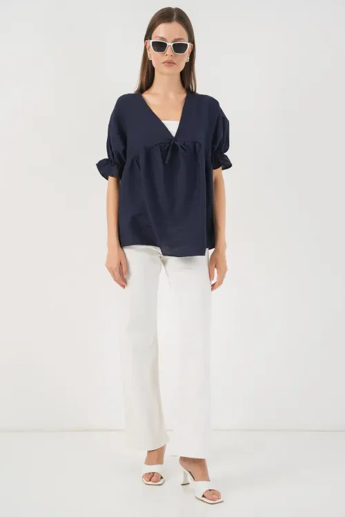 Kadın Önü Bağcıklı Kısa Kol Bluz 962 - Lacivert