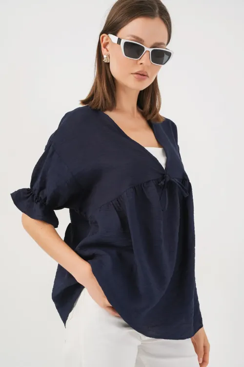 Kadın Önü Bağcıklı Kısa Kol Bluz 962 - Lacivert