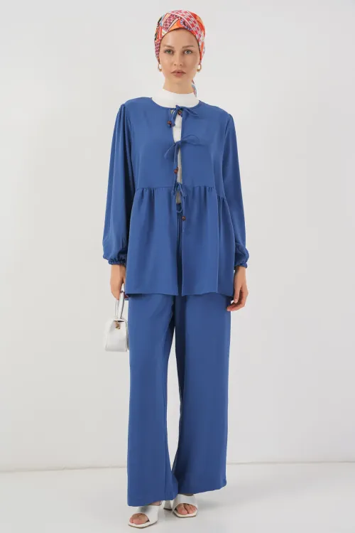 Kadın Önü Bağcıklı Tunik Pantolon İkili Takım 6744 - İndigo