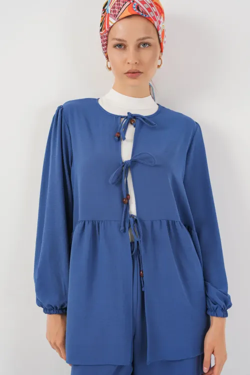 Kadın Önü Bağcıklı Tunik Pantolon İkili Takım 6744 - İndigo