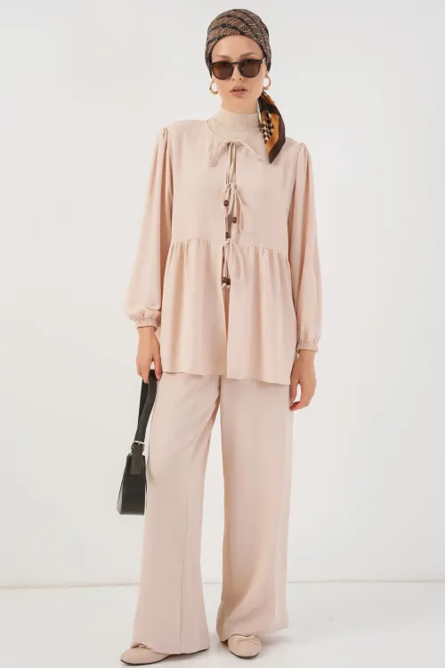 Kadın Önü Bağcıklı Tunik Pantolon İkili Takım 6744 - Krem