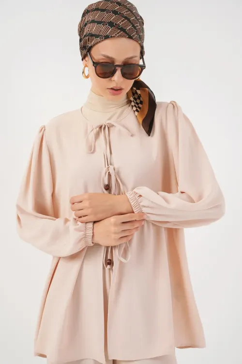 Kadın Önü Bağcıklı Tunik Pantolon İkili Takım 6744 - Krem