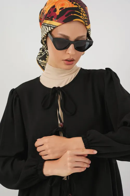 Kadın Önü Bağcıklı Tunik Pantolon İkili Takım 6744 - Siyah