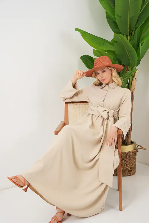 Kadın Önü Bağlamalı Keten Elbise 2574 - Bej
