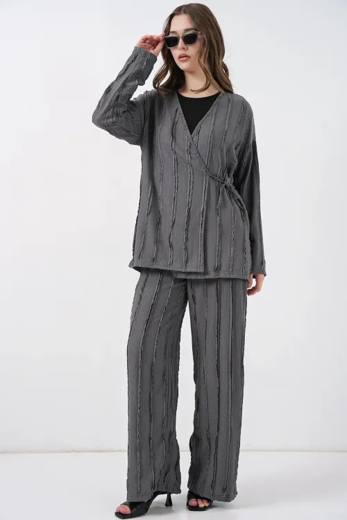Kadın Örme Kimono Pantolon İkili Takım 30067 - Gri