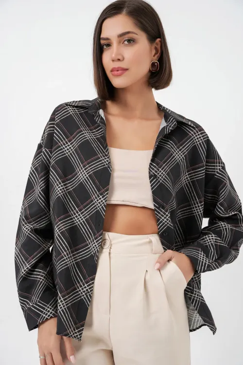 Kadın Oversize Desenli Gömlek 20372 - Siyah