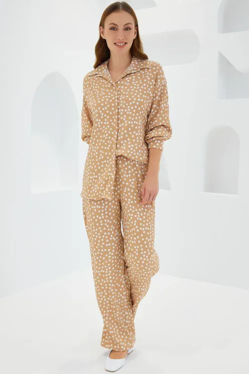 Kadın Puantiyeli Bej Ekru Örme İkili Takım 5858