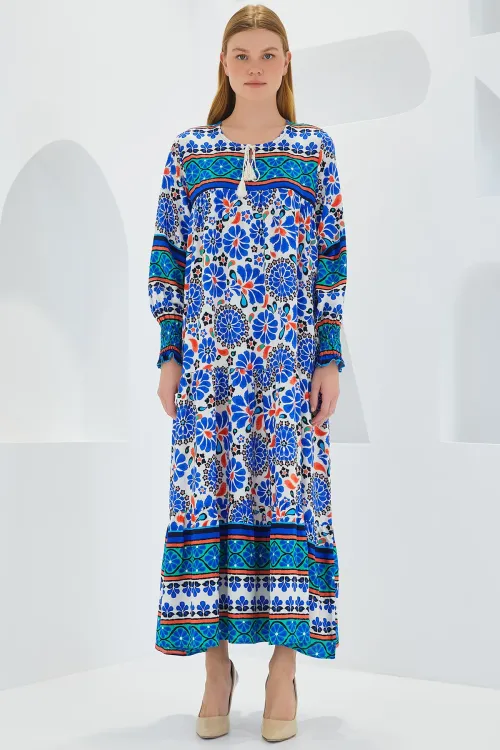 Kadın Saks Mavi Desenli Uzun Viskon Elbise 1947