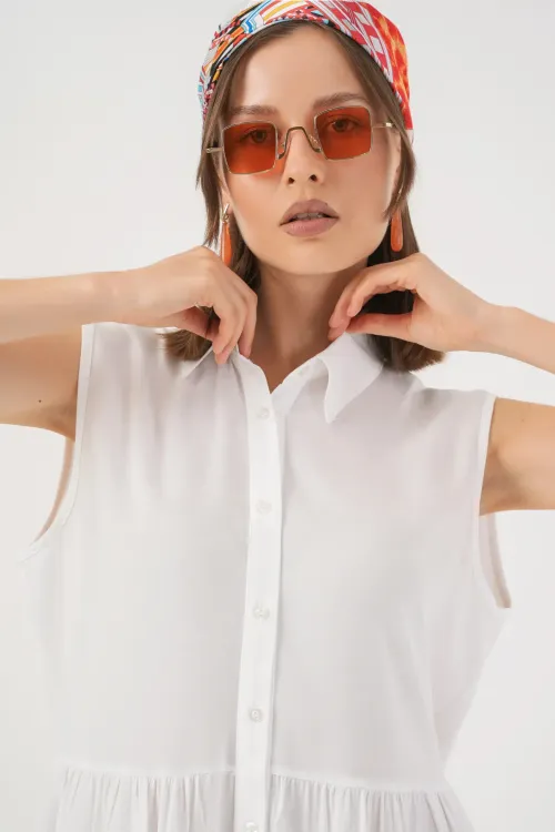 Kadın Sıfır Kol Midi Elbise 2563 - Beyaz