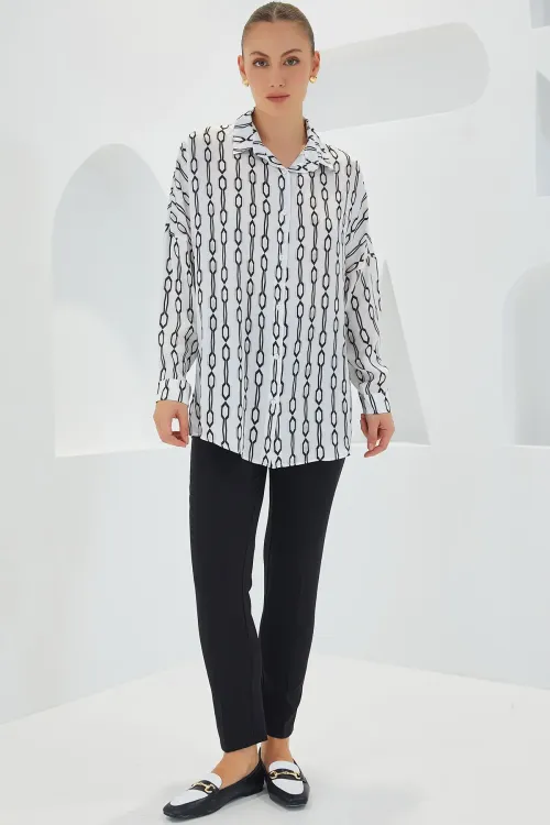 Kadın Siyah Beyaz Desenli Oversize Saten Gömlek 3985