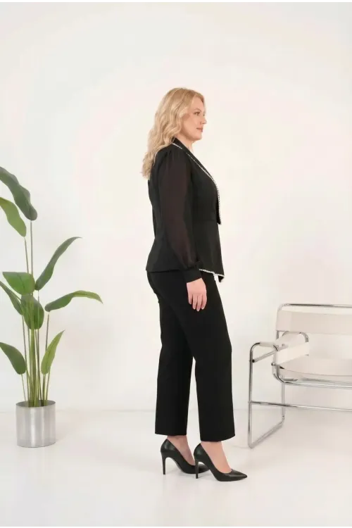 Kadın Siyah Büyük Beden Ceket Yaka İnci Detaylı Şifon Kollu Abiye Takım HZL26W-PR10131