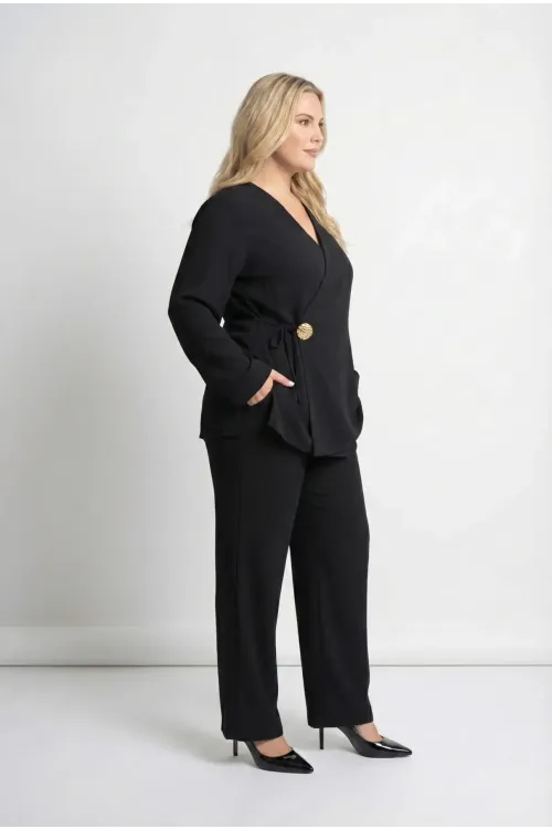 Kadın Siyah Büyük Beden Kruvaze Yaka Yandan Bağlamalı Tokalı Abiye Takım HZL26W-PR10121