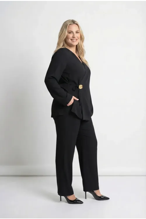 Kadın Siyah Büyük Beden Kruvaze Yaka Yandan Bağlamalı Tokalı Abiye Takım HZL26W-PR10121