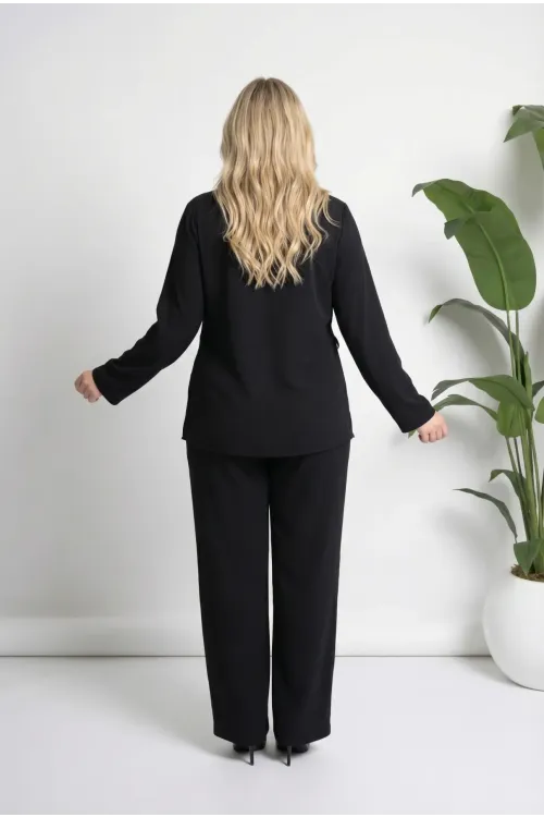 Kadın Siyah Büyük Beden Kruvaze Yaka Yandan Bağlamalı Tokalı Abiye Takım HZL26W-PR10121
