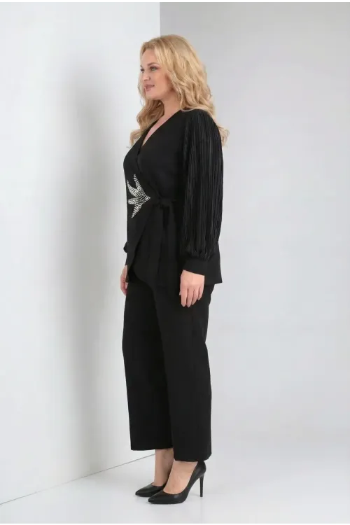 Kadın Siyah Büyük Beden Pliseli Kol İnci Detaylı Abiye Takım HZL26W-PR10111