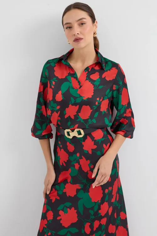 Kadın Siyah Kırmızı Desenli Saten İkili Takım 8018