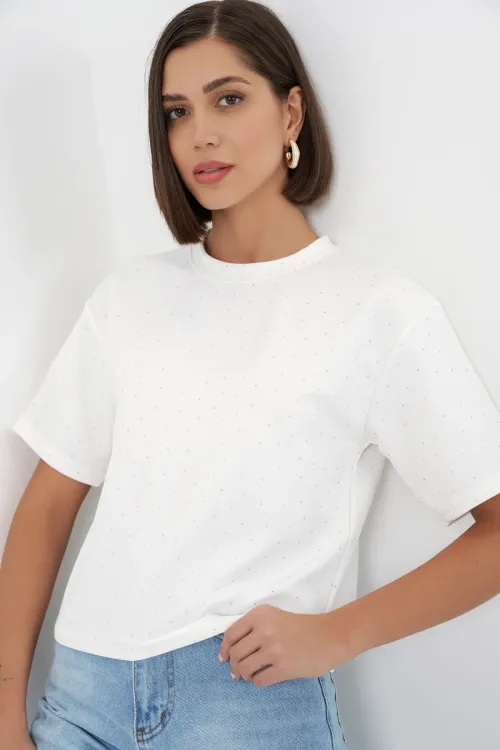 Kadın Taş Detaylı Tişört 990 - Beyaz