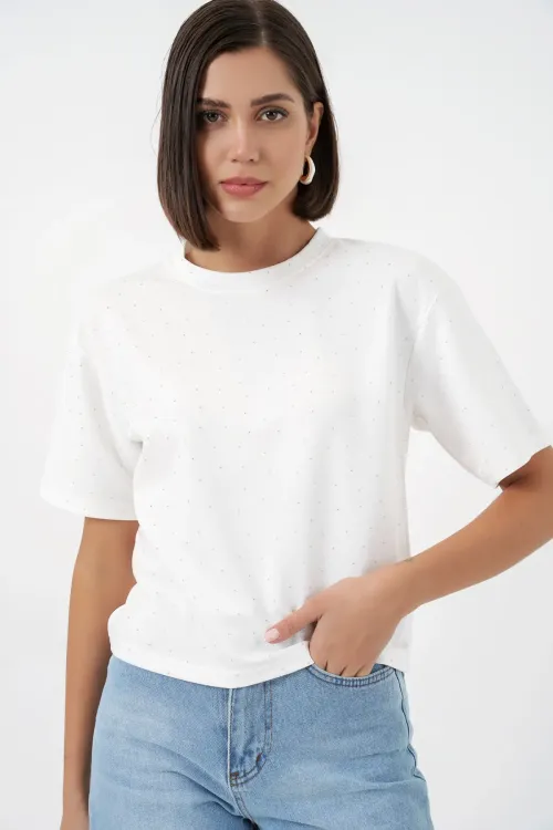 Kadın Taş Detaylı Tişört 990 - Beyaz