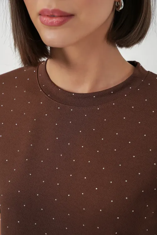 Kadın Taş Detaylı Tişört 990 - Kahverengi