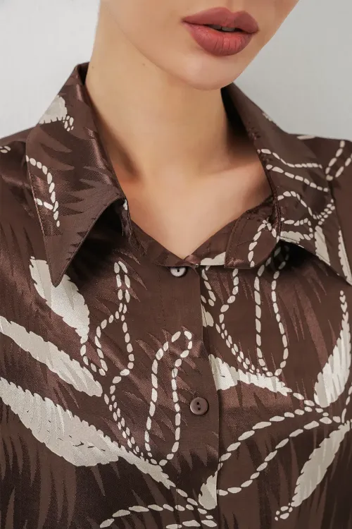 Kadın Uzun Jakalı Alt Üst İkili Takım 30089 - Kahverengi