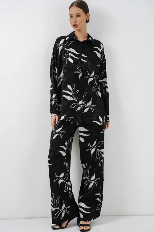 Kadın Uzun Jakalı Alt Üst İkili Takım 30089 - Siyah