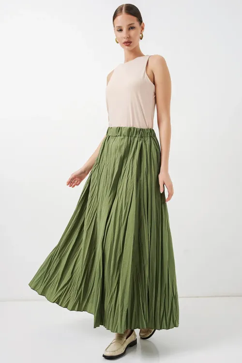 Kadın Uzun Kırışık Etek 8042 - A.Haki