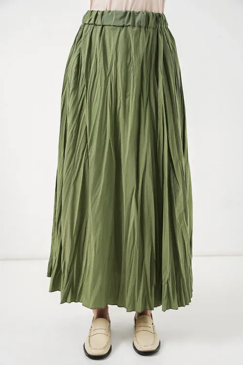 Kadın Uzun Kırışık Etek 8042 - A.Haki