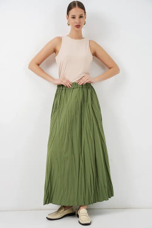 Kadın Uzun Kırışık Etek 8042 - A.Haki