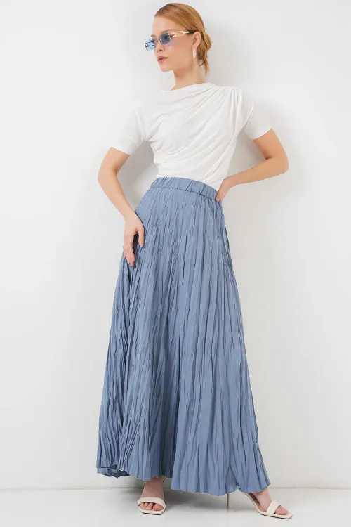 Kadın Uzun Kırışık Etek 8042 - İndigo