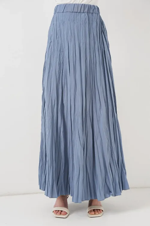 Kadın Uzun Kırışık Etek 8042 - İndigo