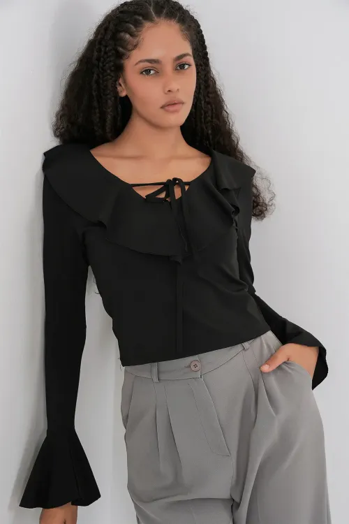 Kadın Uzun Kol Crop Bluz 979 - Siyah