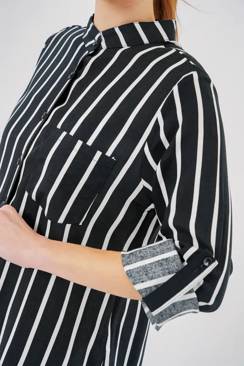 Kadın Uzun Kollu Çizgili Gömlek 20283 - Siyah