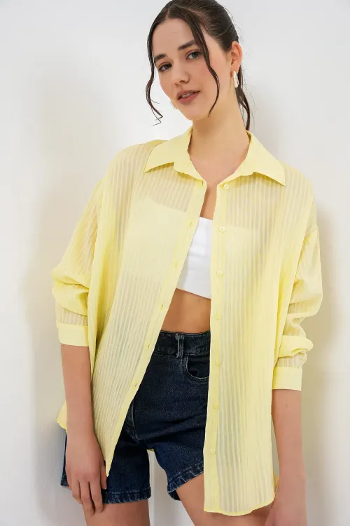 Kadın Uzun Oversize Gömlek 20320 - Sarı