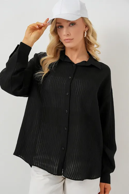 Kadın Uzun Oversize Gömlek 20320 - Siyah