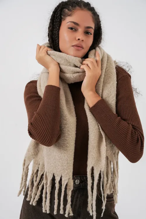 Kadın Yumuşak Dokulu Kalın Şal Atkı 15951 - A.Bej