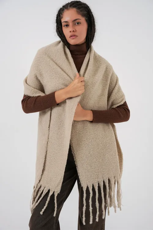 Kadın Yumuşak Dokulu Kalın Şal Atkı 15951 - A.Bej