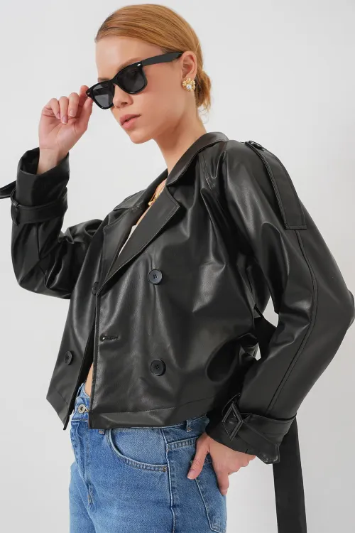 Kemerli Siyah Suni Deri Ceket 0698