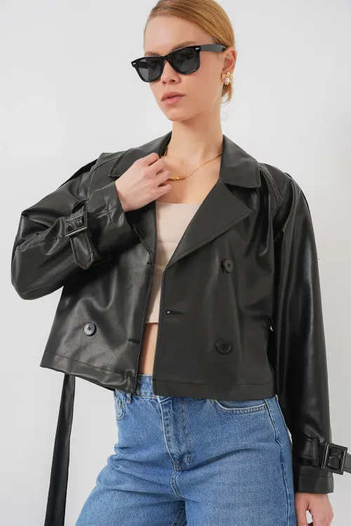 Kemerli Siyah Suni Deri Ceket 0698