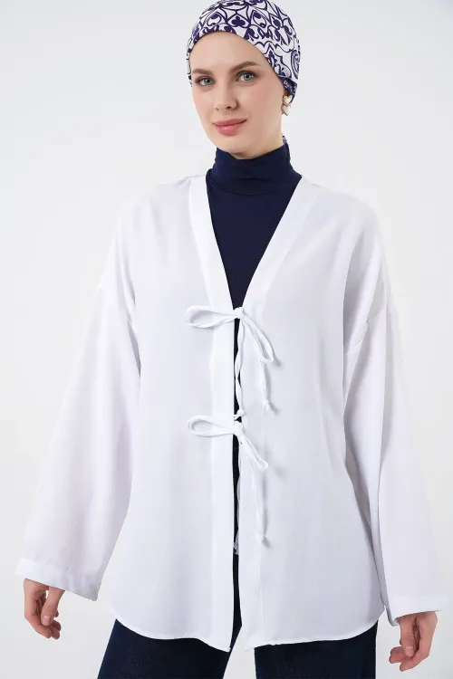 Keten Tesettür Kimono 5968 - Beyaz