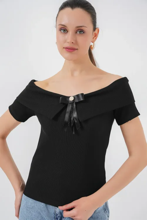 Kurdele Detaylı Örme Bluz 949 - Siyah